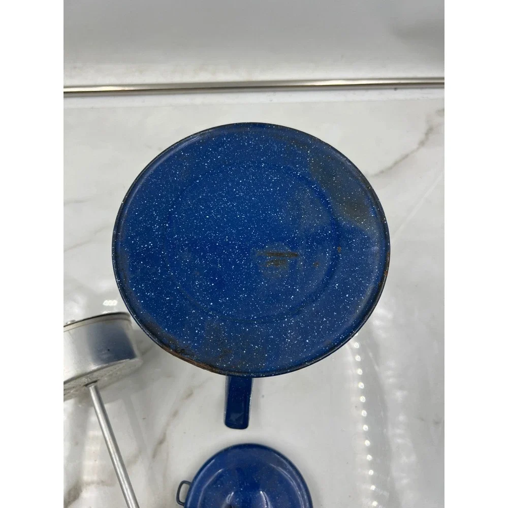 Vintage Blue Speckled Enamelware Coffee Percolator Pot Rustic Camping Farmhouse